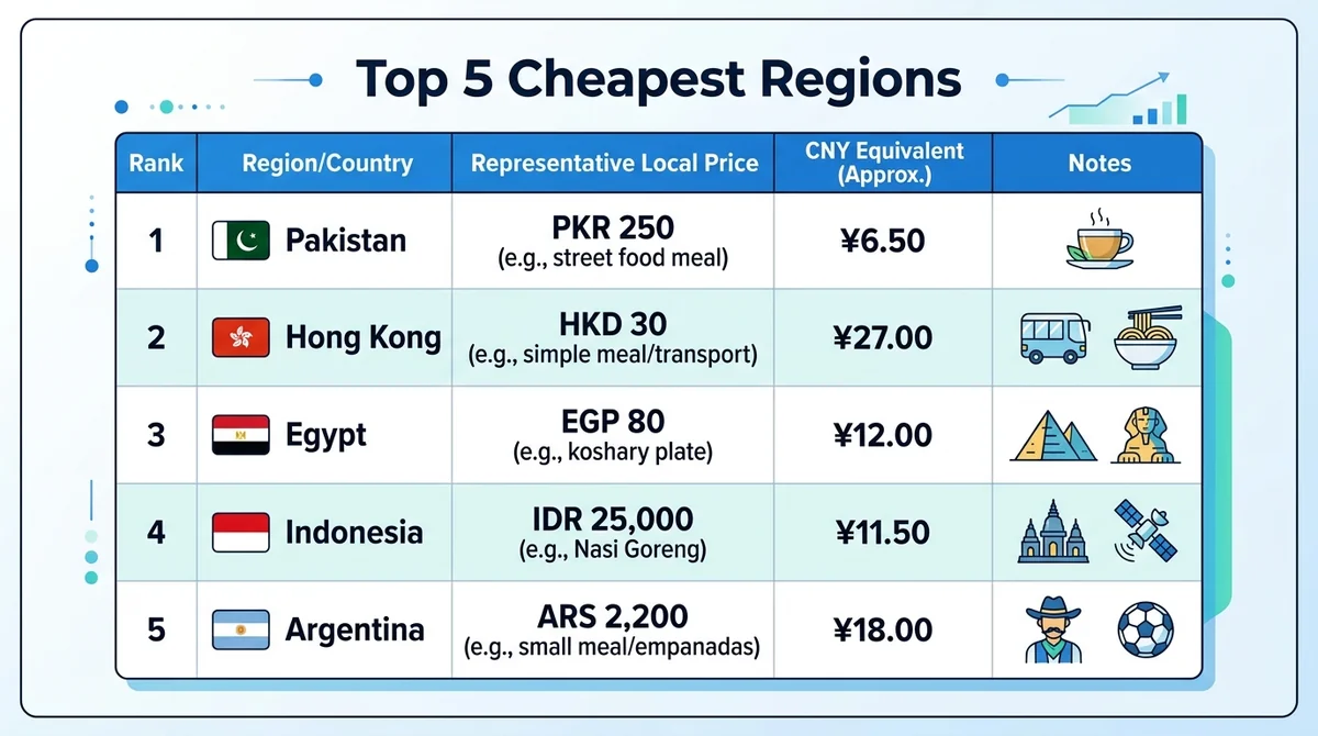 Clean table-style infographic listing top 5 cheapest regions: Pakistan, Hong Kong, Egypt, Indonesia, Argentina, with local pr