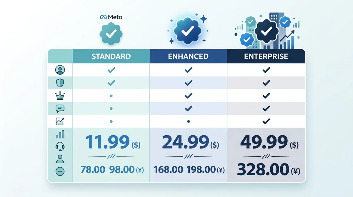 Instagram Meta Verified 三个订阅档位（标准、增强、企业）的价格对比表格，包含美元和人民币价格