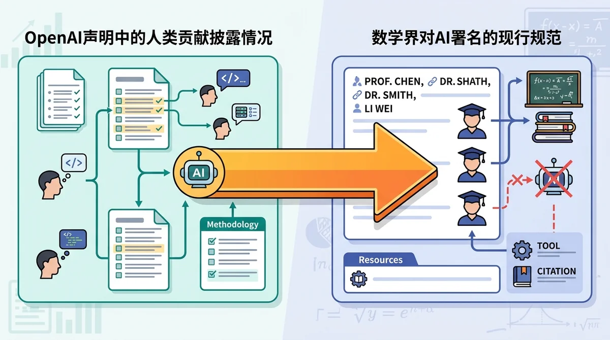 学术署名争议对比图：左侧为OpenAI声明中的人类贡献披露情况，右侧为数学界对AI署名的现行规范，中间用箭头表示差距