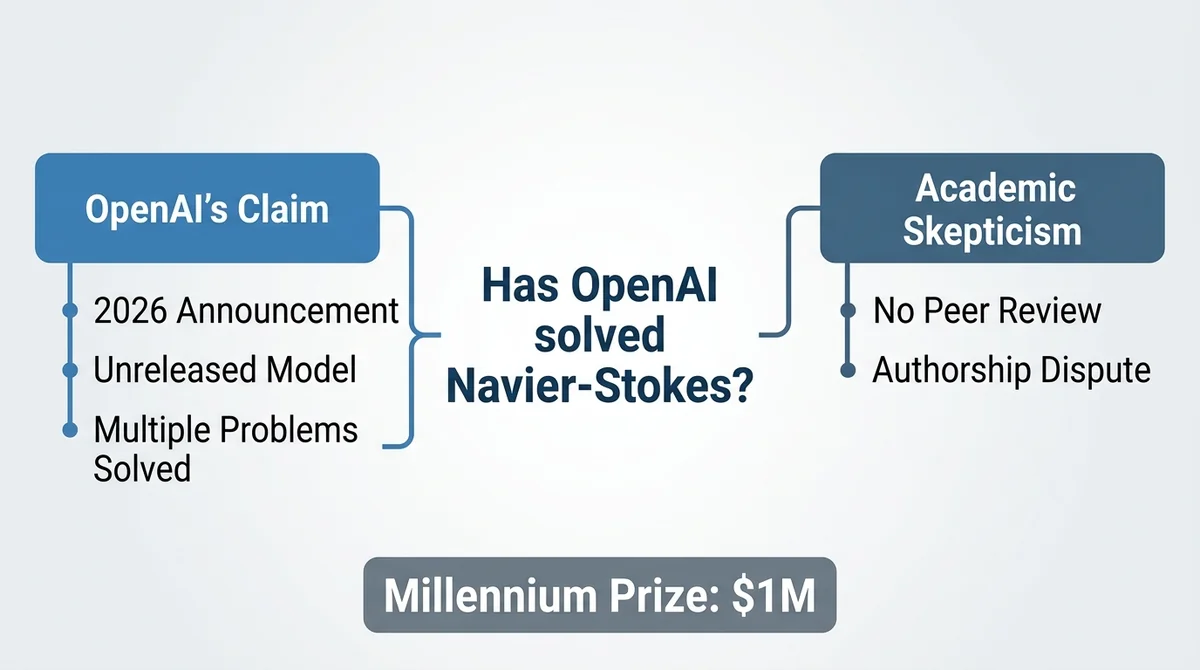 Infographic in English, central question 'Has OpenAI solved Navier-Stokes?', two branches: left 'OpenAI's Claim' with bullet