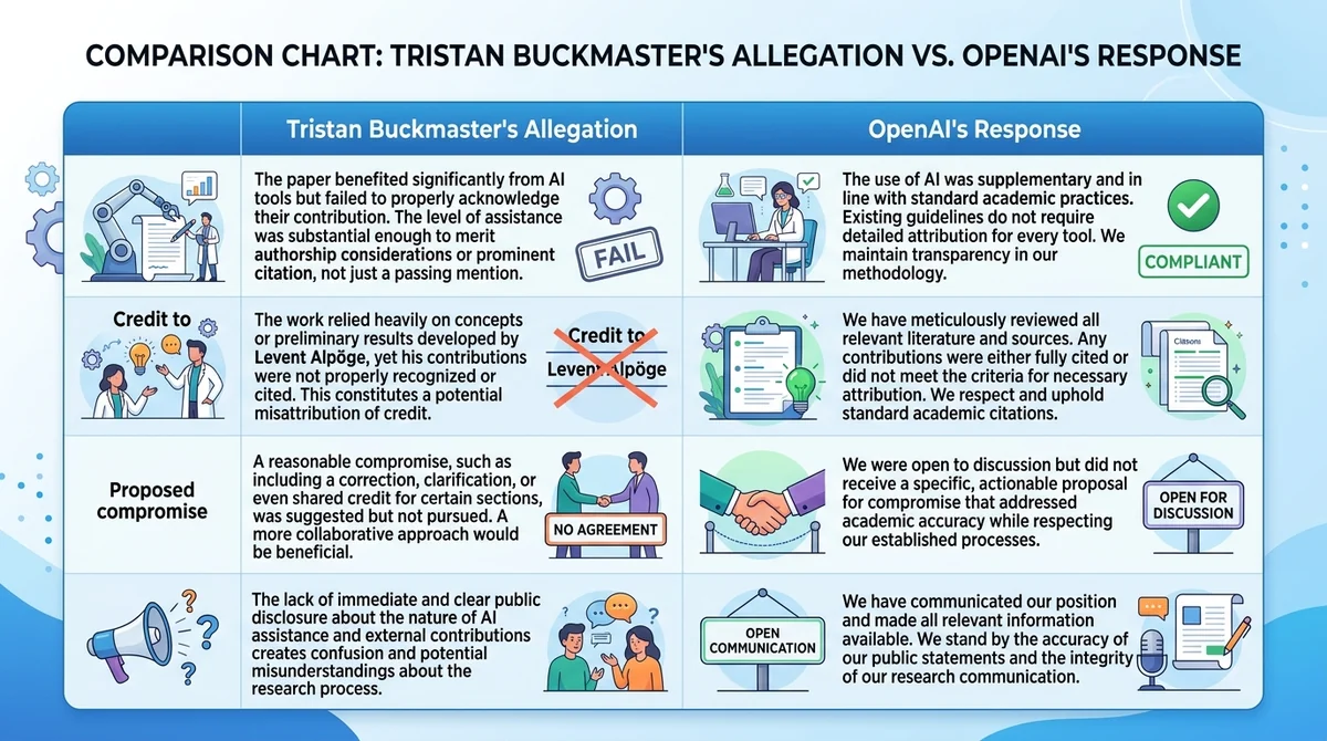 Comparison chart in English, two columns: left 'Tristan Buckmaster's Allegation', right 'OpenAI's Response', rows: 'Use of AI