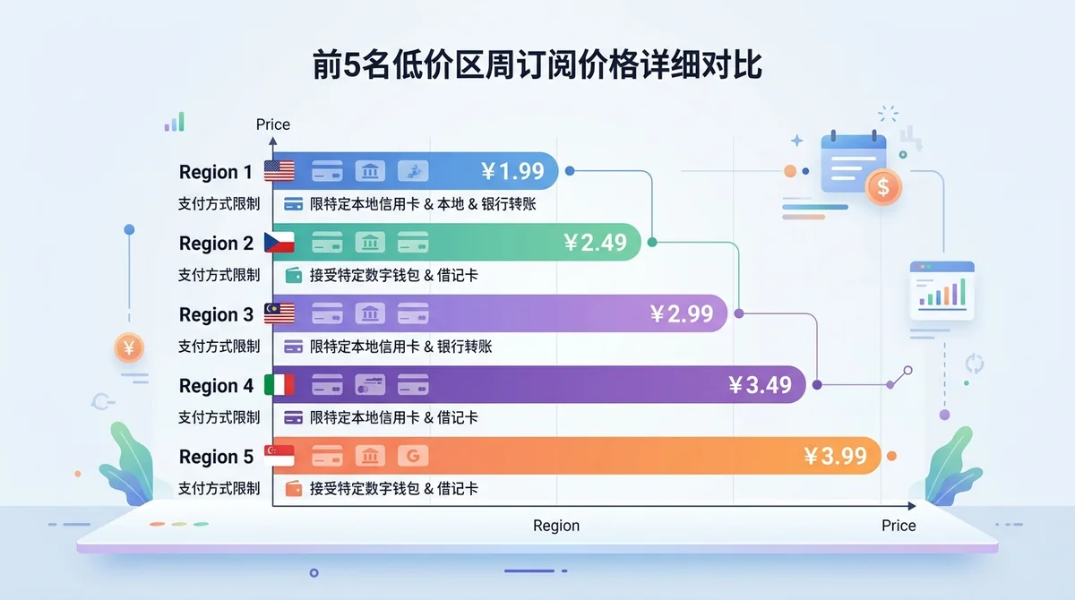 前5名低价区周订阅价格详细对比柱状图，标注每个区的支付方式限制