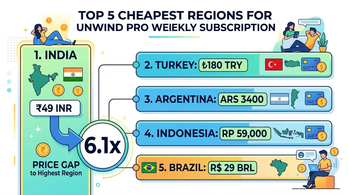 Square infographic, top 5 cheapest regions for Unwind Pro Weekly subscription, India highlighted as cheapest with 49 INR, oth