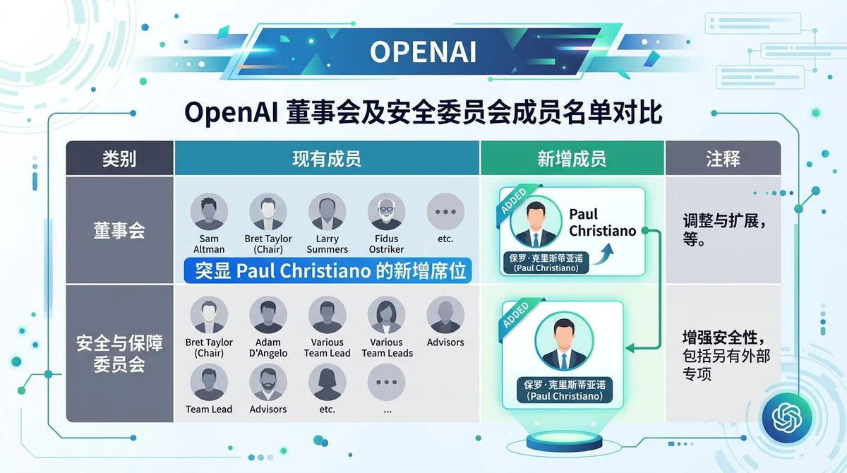 OpenAI 董事会及安全委员会成员名单对比表格，突出显示 Paul Christiano 的新增席位