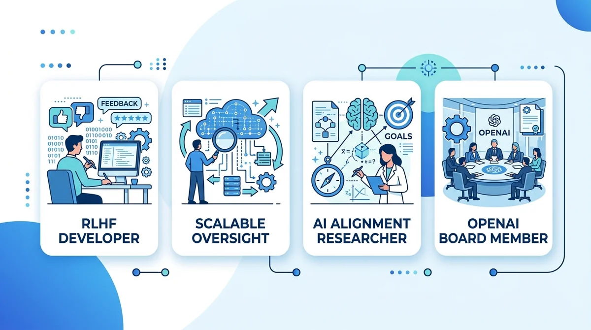 Wide 16:9 horizontal infographic with four icon blocks: RLHF developer, scalable oversight, AI alignment researcher, OpenAI b