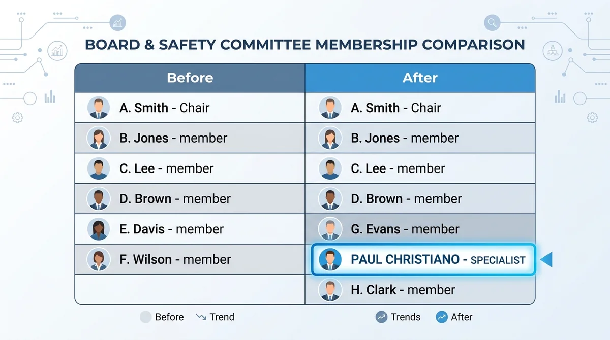 Wide 16:9 horizontal comparison chart, two columns labeled 'Before' and 'After' in English, list of board and safety committe