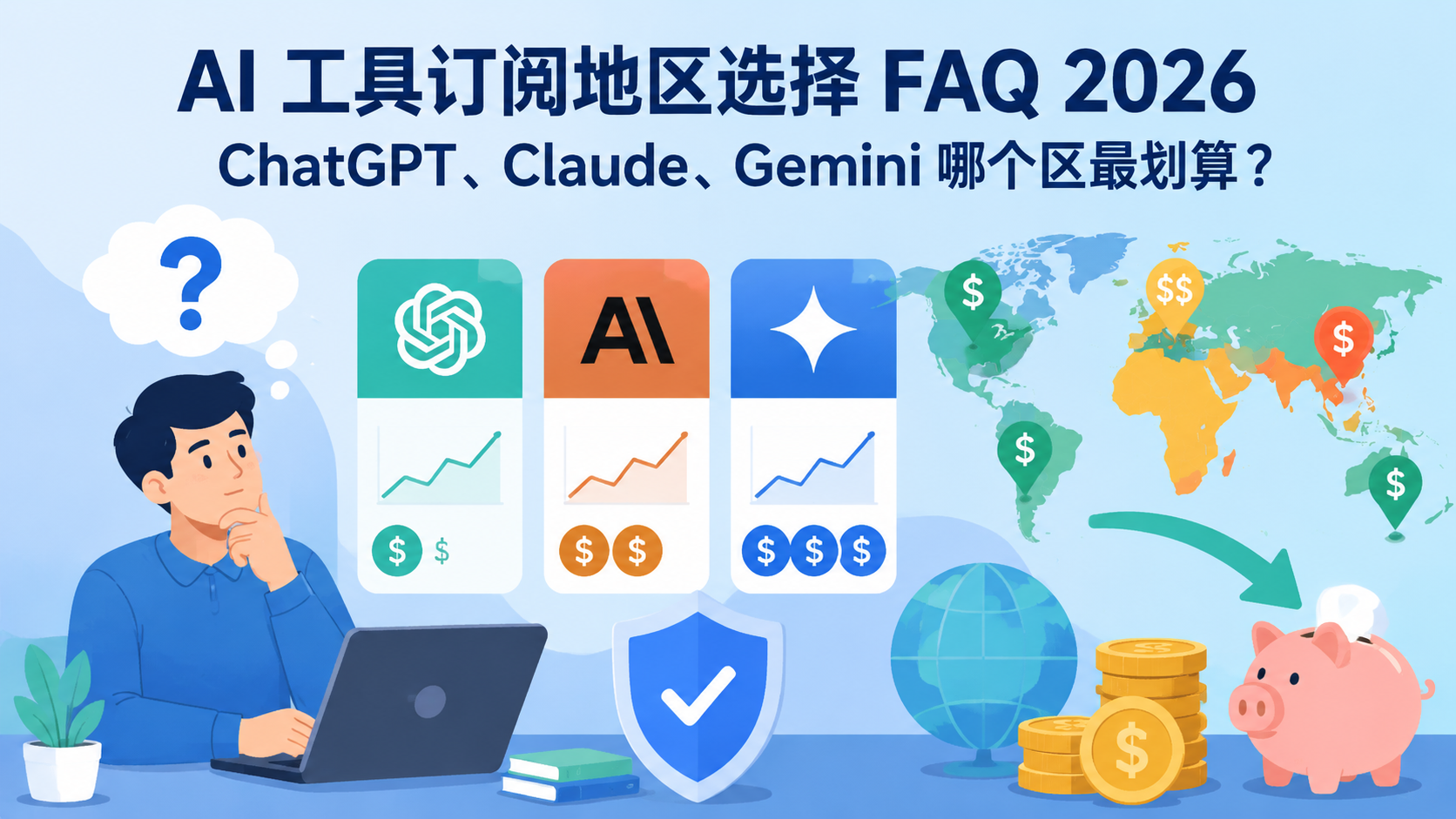 AI 工具订阅地区选择 FAQ 2026：ChatGPT、Claude、Gemini 哪个区最划算？