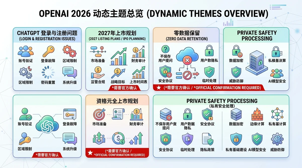 OpenAI 2026动态主题总览信息图：用四个模块区分ChatGPT登录与注册问题、2027年上市规划、零数据保留和Private Safety Processing，并标注哪些内容需要官方确认