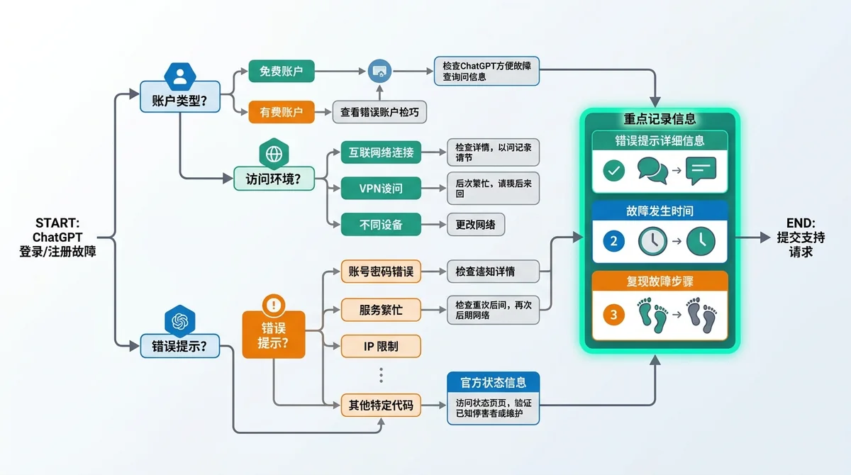 ChatGPT登录故障和注册失败排查流程图：按账户类型、访问环境、错误提示和官方状态信息逐项检查，并突出记录错误提示、发生时间和复现步骤