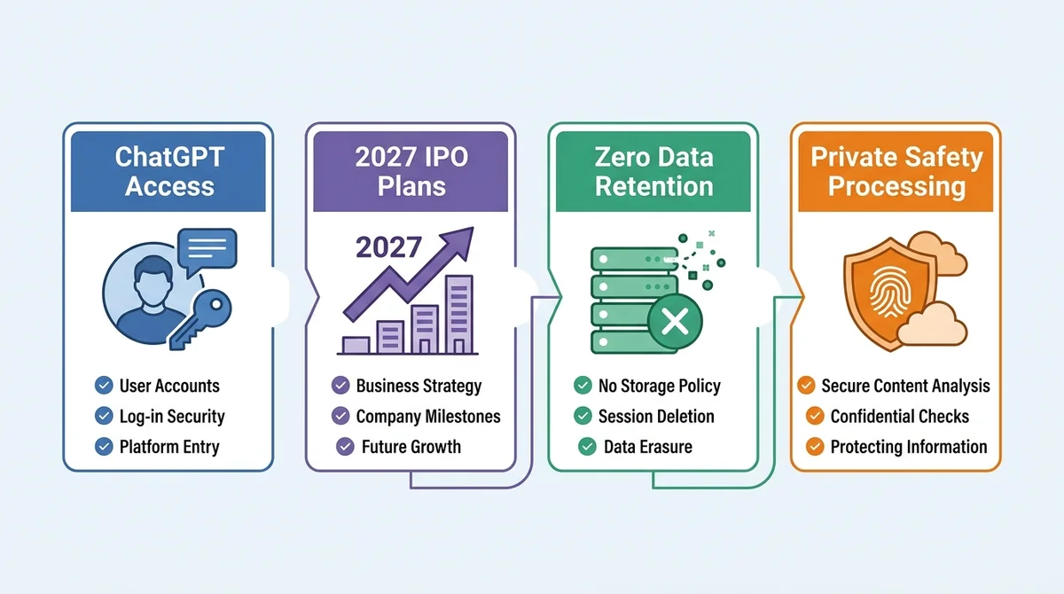 Wide 16:9 horizontal infographic, main content centered and fully visible, four connected but clearly separated panels with E