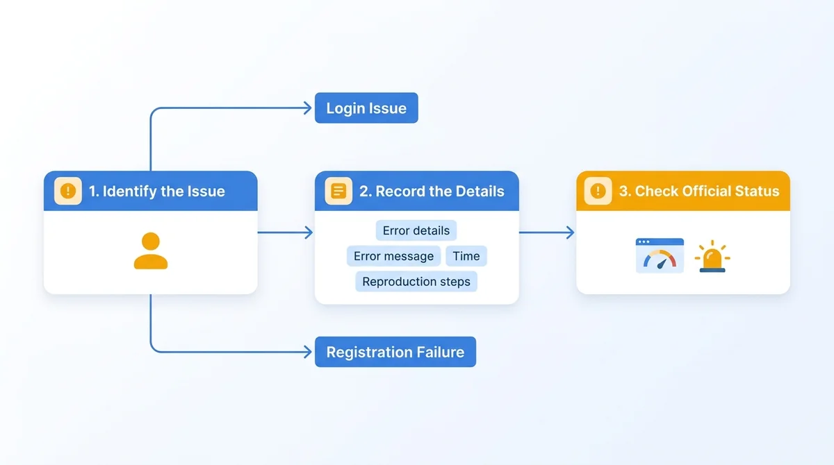 Wide 16:9 horizontal flow diagram, centered three-step process filling the frame, English step titles "1. Identify the Issue"